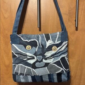 Stylish Cat Design Denim Shoulder Bag